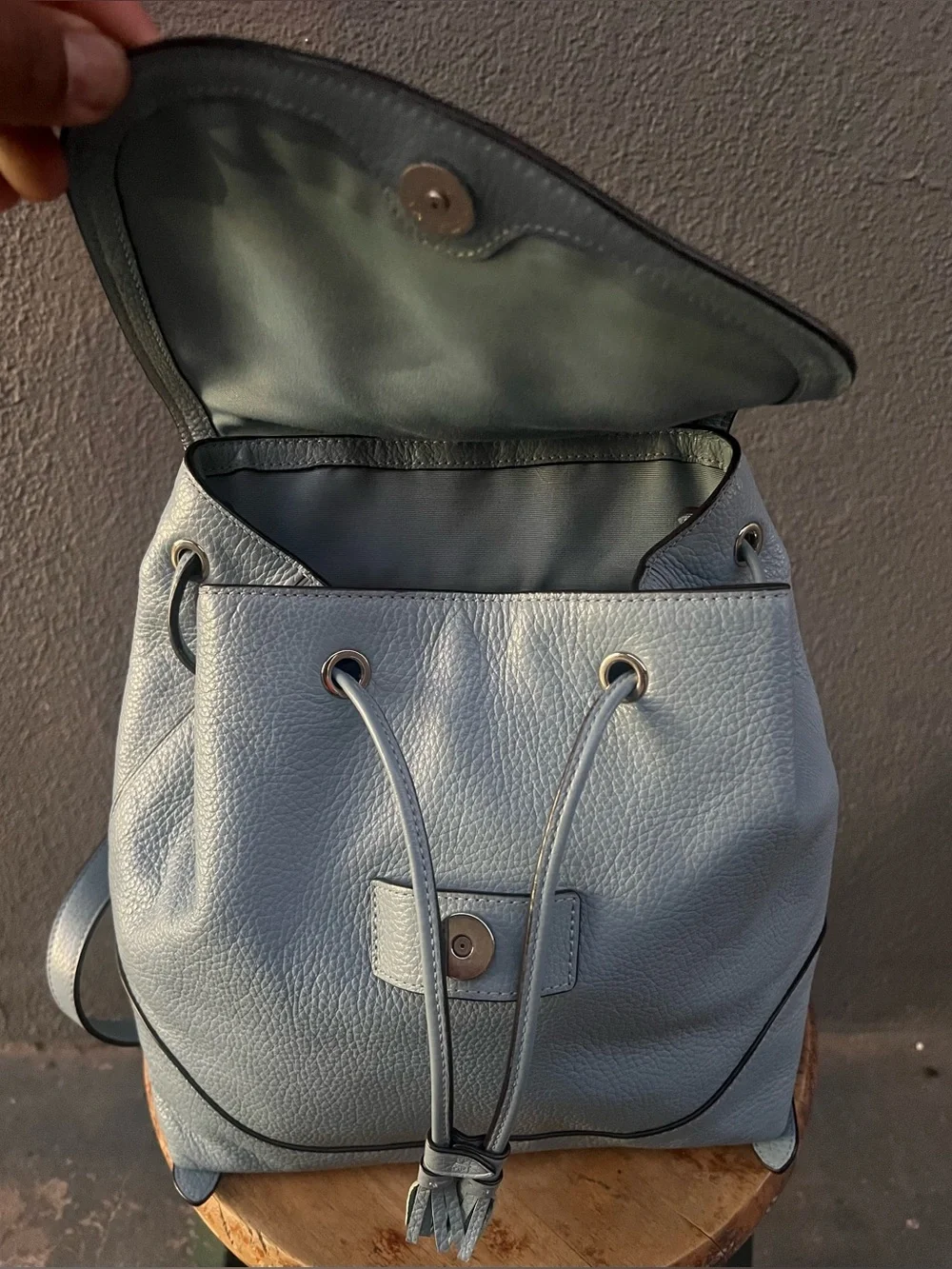 Coach Elle F72645 Cornflower Blue Leather Backpack Tassel Pull Drawstring